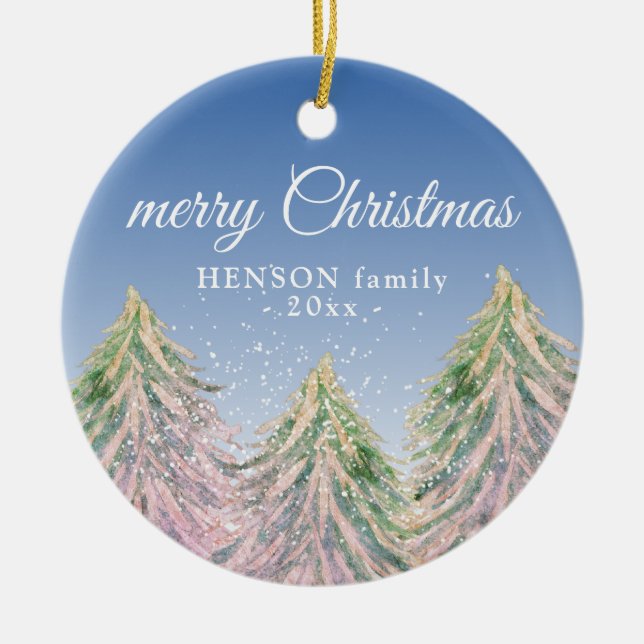Rosa Watercolor Träd God jul Family Julgransprydnad Keramik (Framsidan)