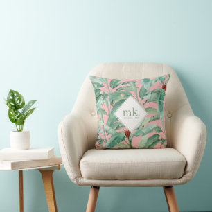Rosa Watercolor Tropical Banana Löv Monogrammed Kudde