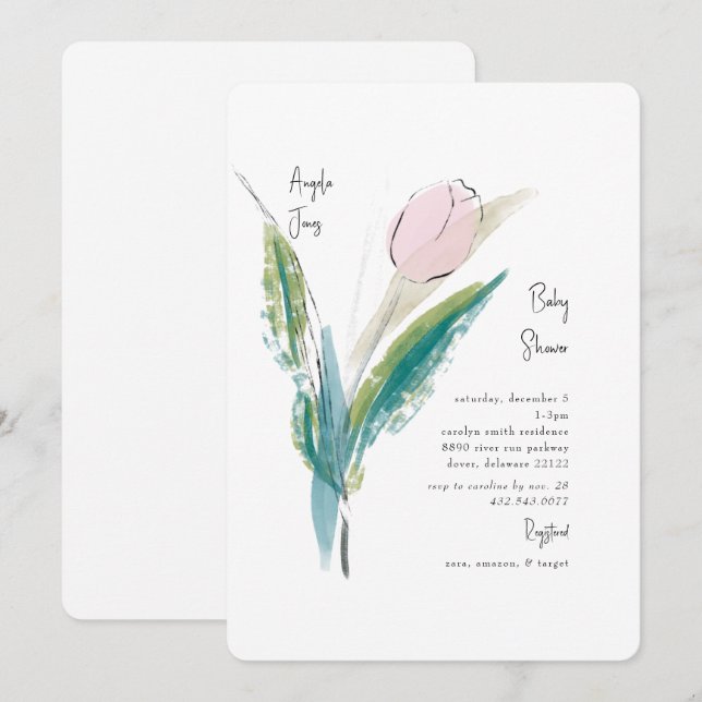 Rosa Watercolor Tulip Flicka Shower Inbjudningar (Fram/baksida)