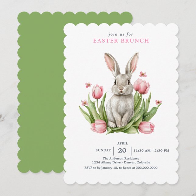 Rosa Watercolor Tulips Bunny Rabbit Inbjudningar (Fram/baksida)