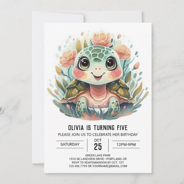 Rosa Watercolor Turtle Girl Birthday Inbjudningar (Framsida)