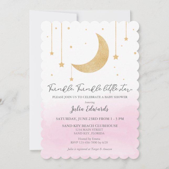 Rosa Watercolor Twinkle Little Star Baby Shower Inbjudningar (Framsida)