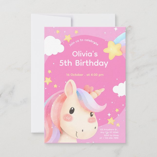 Rosa Watercolor Unicorn Birthday Inbjudningar (Framsida)