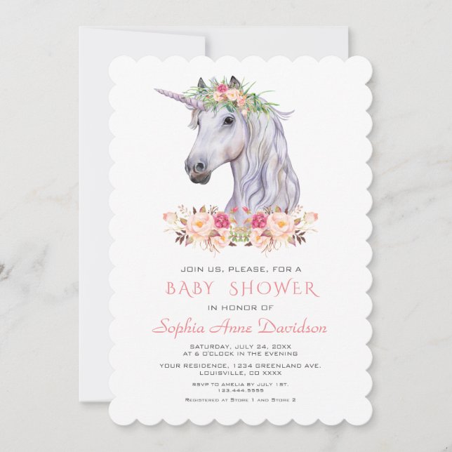 Rosa  Watercolor Unicorn Girl Shower Inbjudningar (Framsida)