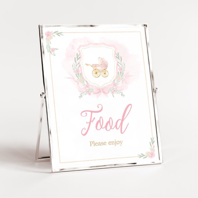 Rosa Watercolor Vapensköld Baby Shower Food Poster (Pink Gold Carriage Crest Baby Shower Food Sign)
