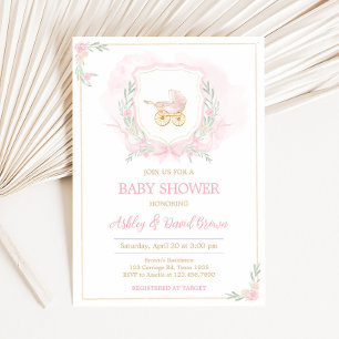 Rosa Watercolor Vapensköld Baby Shower Inbjudningar