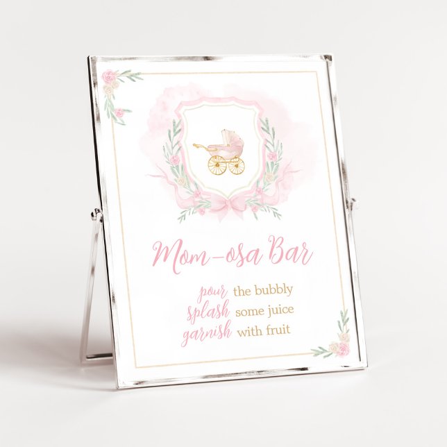 Rosa Watercolor Vapensköld Baby Shower Mamma Osa P Poster (Blue Floral Pampas Grass Elephant Baby Shower Mom Osa Bar Sign)