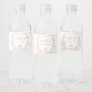 Rosa Watercolor Vapensköld Baby Shower Vattenflaskor Etikett
