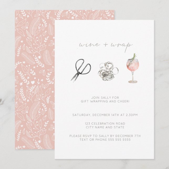 Rosa Watercolor Vin Wrap Julens Julfest Inbjudningar (Fram/baksida)