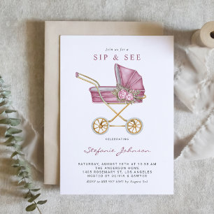 Rosa Watercolor Vintage Barnvagn Baby Sip and See Inbjudningar