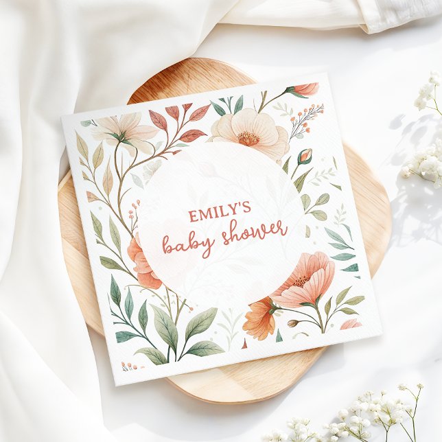 Rosa Watercolor WildblomBaby Shower Pappersservett (Pink watercolor boho wildflower napkin for a joyful and relaxed baby shower)