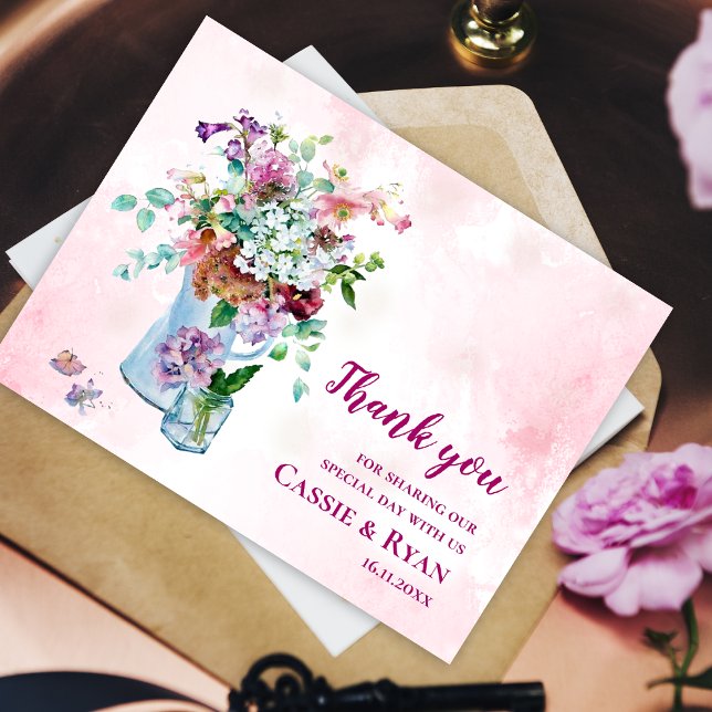  Rosa Watercolor Wildblomma Bröllop Tack Vykort (Blush Pink Watercolor Wildflower Wedding Thank You Postcard)