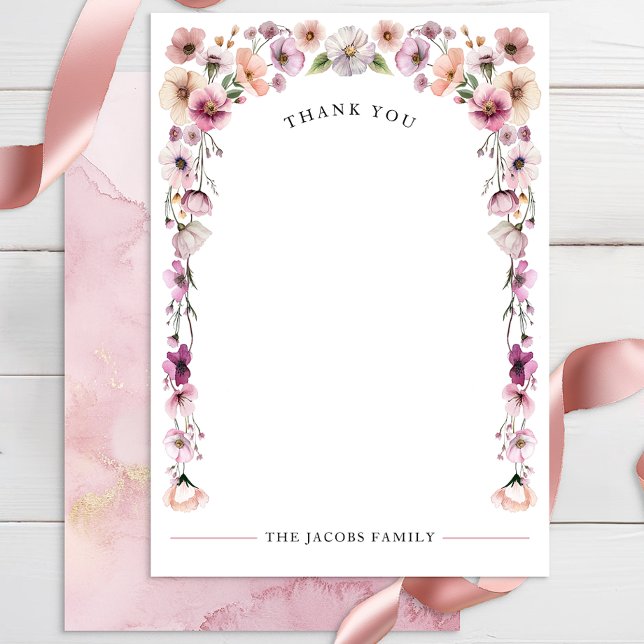 Rosa Watercolor Wildblomma - tack för ditt kort -  (Blank Floral Thank You Card)
