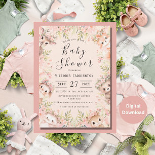 Rosa Watercolor Woodland Animals Baby Shower Inbjudningar