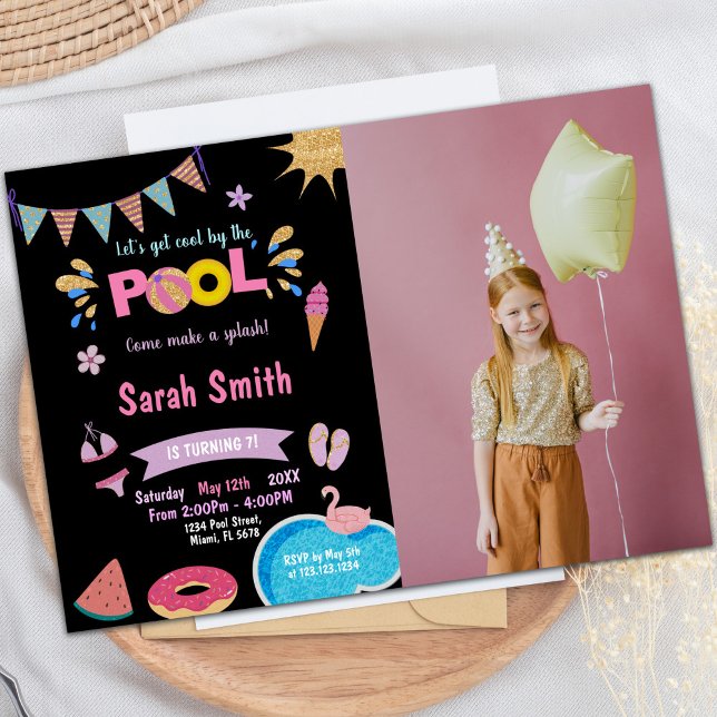 Rosa Watermelon Bassäng Birthday Bjud med foto Inbjudningar (Pink Watermelon Pool Birthday Invitations w photo)