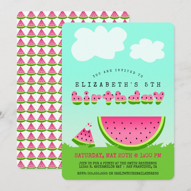 Rosa Watermelon Birthday Picnic Party-inbjudan Inbjudningar (Fram/baksida)