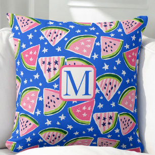 Rosa Watermelon Fruit Segce Stars Mönster Monogram Kudde