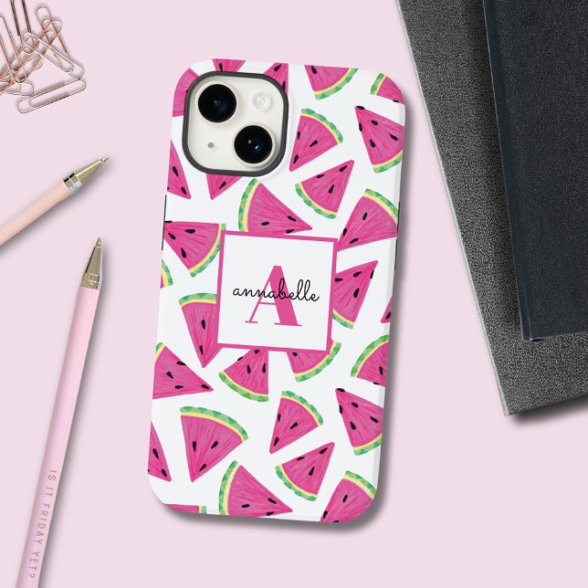 Rosa Watermelon Mönster första namn (Colorful, girly, watermelon pattern phone case with customizable text for initial and first name.)