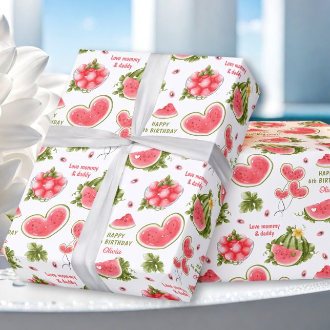 Rosa Watermelon, sommarfödelsedag Namn Presentpapper (Pink Watermelon Summer Birthday Name Text Wrapping Paper)