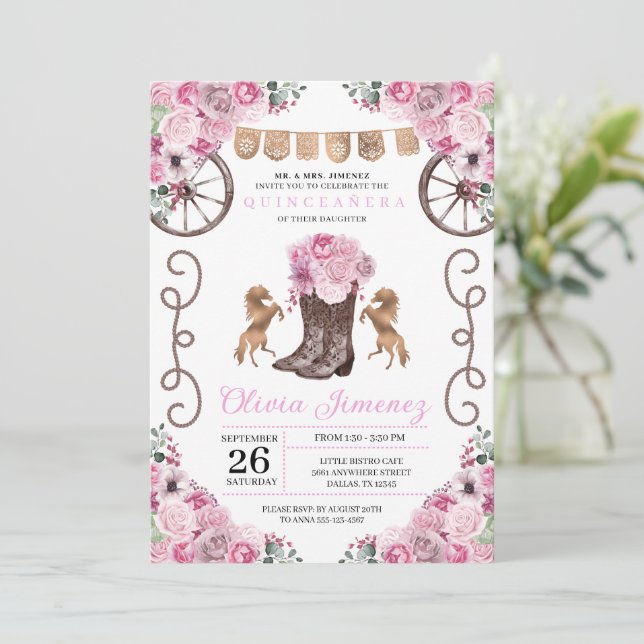 Rosa Western Charra Blommigt Boots Quinceañera Inbjudningar (Stående Fram)