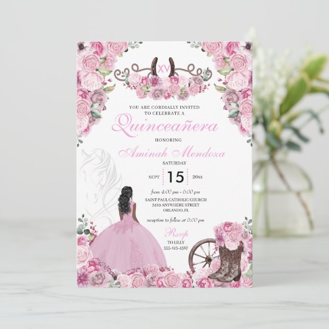 Rosa Western Charra Blommigt Boots Quinceañera Inbjudningar (Stående Fram)