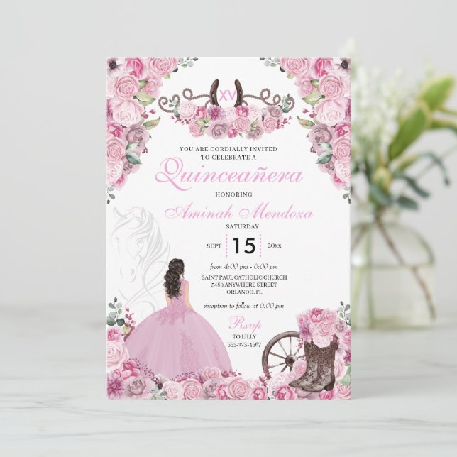 Rosa Western Charra Blommigt Boots Quinceañera Inbjudningar (Stående Fram)
