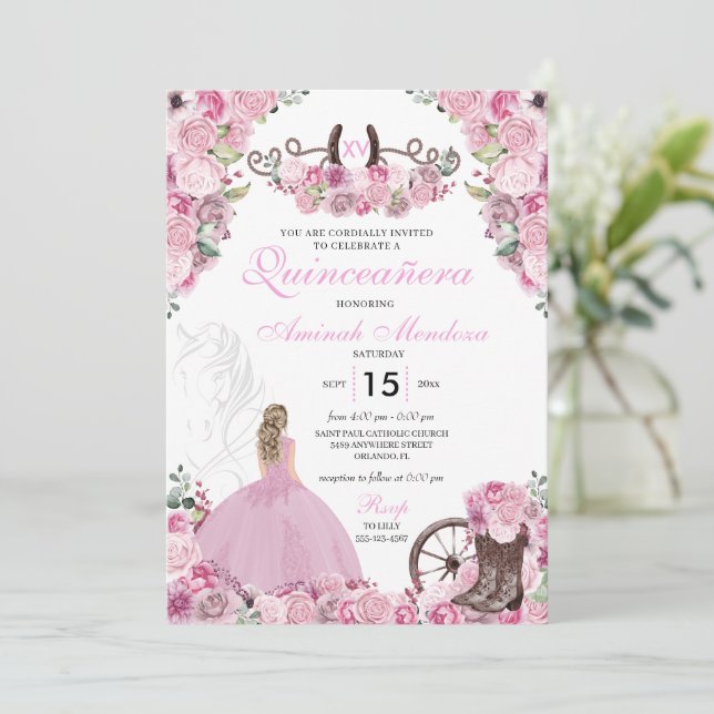 Rosa Western Charra Blommigt Boots Quinceañera Inbjudningar (Stående Fram)