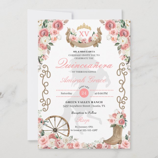 Rosa Western Charro Cowgirl Quinceañera Inbjudningar (Framsida)