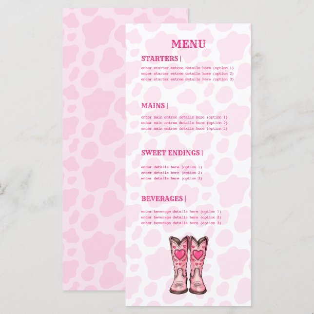 Rosa Western Cow Skriv ut Rodeo Stil Flat Menu Meny (Fram/baksida)