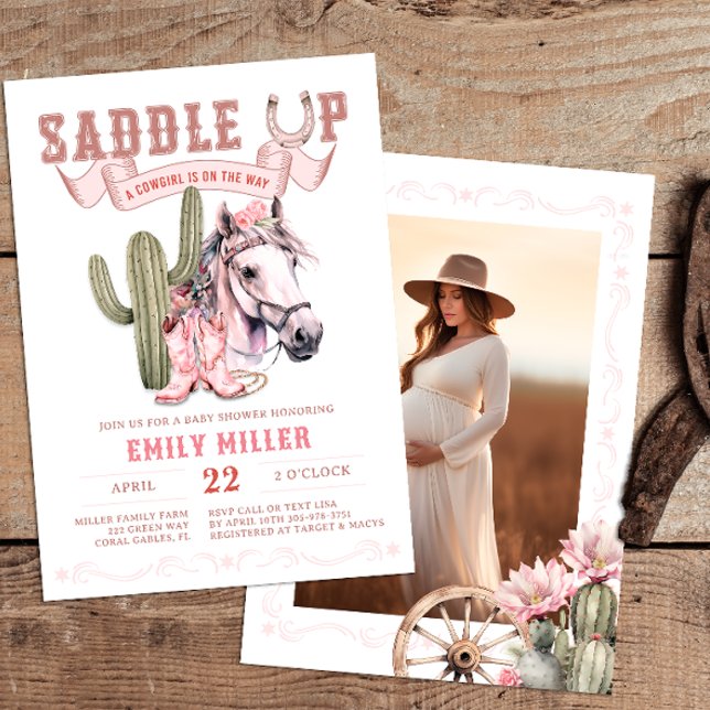 Rosa Western Cowgirl Baby Shower Photo Inbjudan (Pink Western Baby Shower Invite)