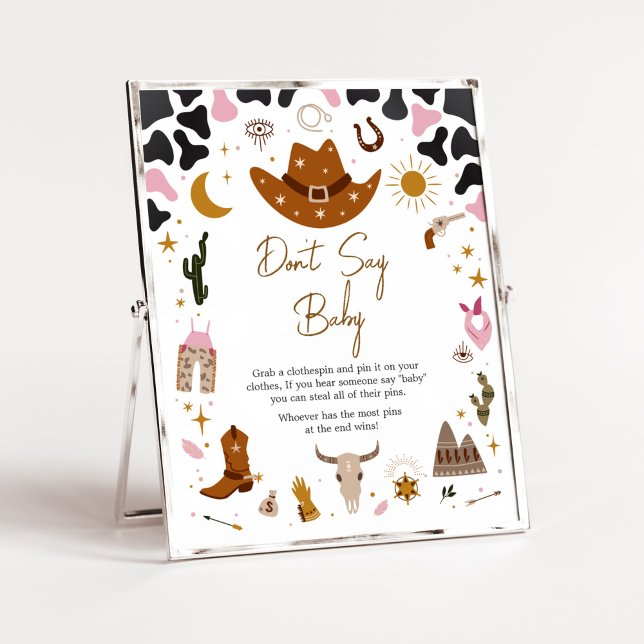 Rosa Western Cowgirl Baby Shower Säg inte Baby Poster (Boho Wild West Rodeo Baby Shower Don't Say Baby Sign)