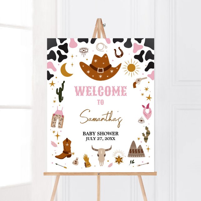 Rosa Western Cowgirl Baby Shower Välkommen Poster (Boho Wild West Rodeo Baby Shower Welcome Sign)