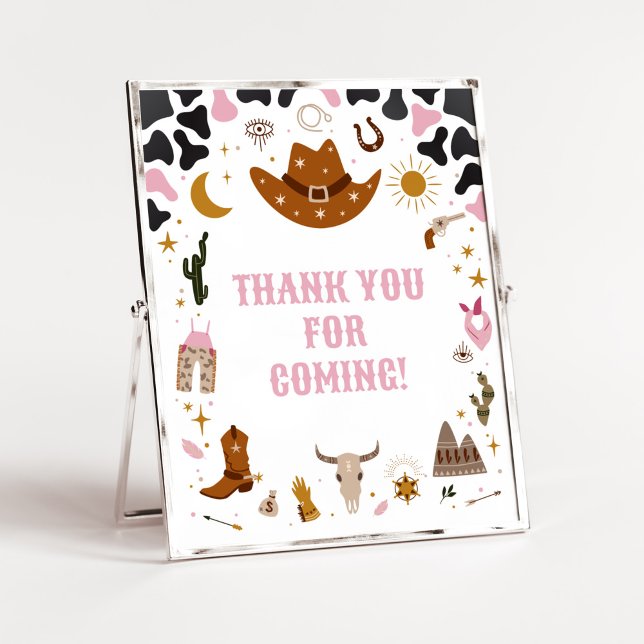 Rosa Western Cowgirl Baby Tack för att du kom Poster (Boho Wild West Rodeo Baby Shower Thank you for Coming Sign)