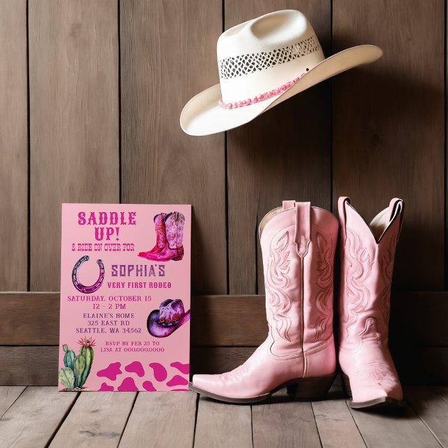 Rosa Western Cowgirl First Rodeo Girls Birthday Inbjudningar (Pink Western Cowgirl First Rodeo Girls Birthday Invitation)