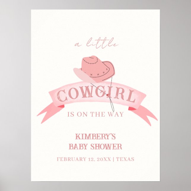 Rosa Western Cowgirl Hat Baby Shower Välkommen Poster (Framsidan)