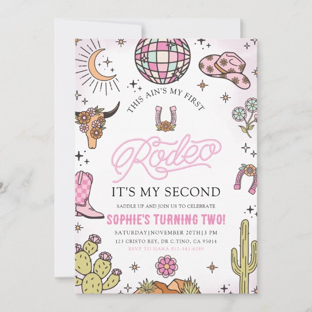 Rosa Western Cowgirl Rodeo 2:a födelsedagen Party Inbjudningar (Framsida)