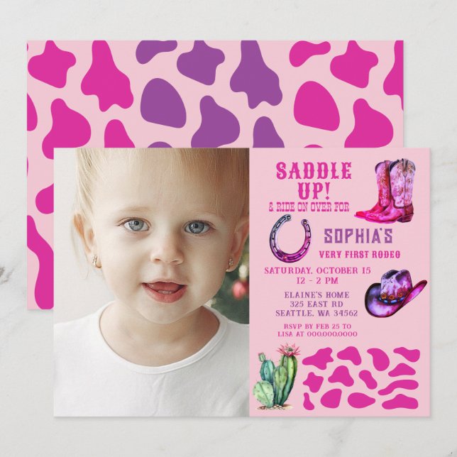 Rosa western cowgirl rodeo flickor foto födelsedag inbjudningar (Fram/baksida)