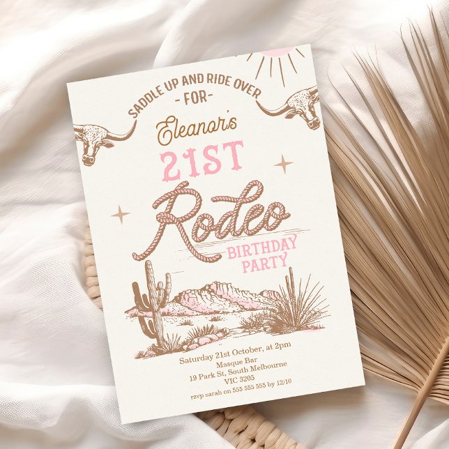 Rosa Western Desert 21:a rodeo 21:a födelsedagen Inbjudningar (Vintage 21st Rodeo 21st Birthday Invitation, Editable Rustic Cowgirl Birthday Invitation, Western)