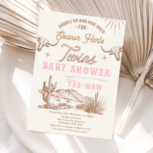 Rosa Western Desert Rodeo Twillingars Baby Shower Inbjudningar