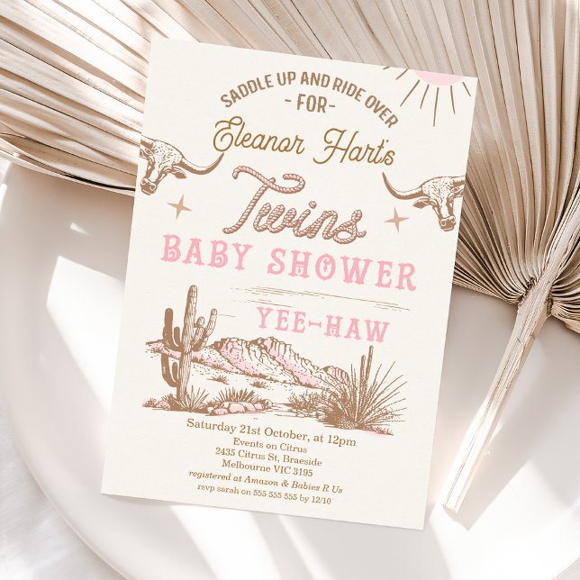 Rosa Western Desert Rodeo Twillingars Baby Shower Inbjudningar (Wild West Western Twin Girls Baby Shower Invitation, Rodeo Western Desert Twins Baby Shower Invite )