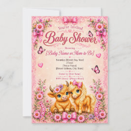 Rosa Western Highland Ko & Pony Bebis Shower Inbjudningar