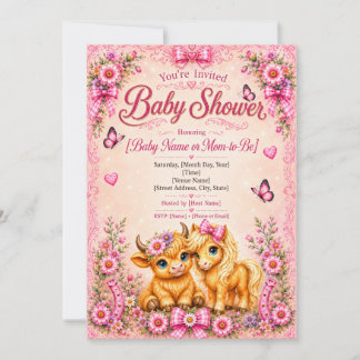 Rosa Western Highland Ko & Pony Bebis Shower Inbjudningar