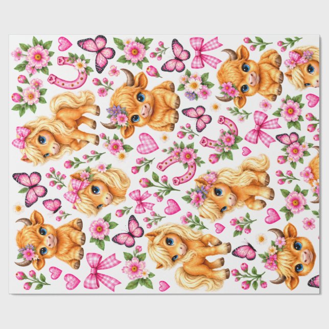 Rosa western highlandko och ponny presentpapper (Platt)