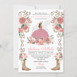 Rosa Western Mariachi Charro Princess Quinceañera Inbjudningar