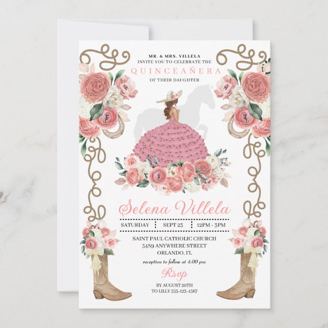 Rosa Western Mariachi Charro Princess Quinceañera Inbjudningar (Framsida)