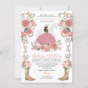 Rosa Western Mariachi Charro Princess Quinceañera Inbjudningar