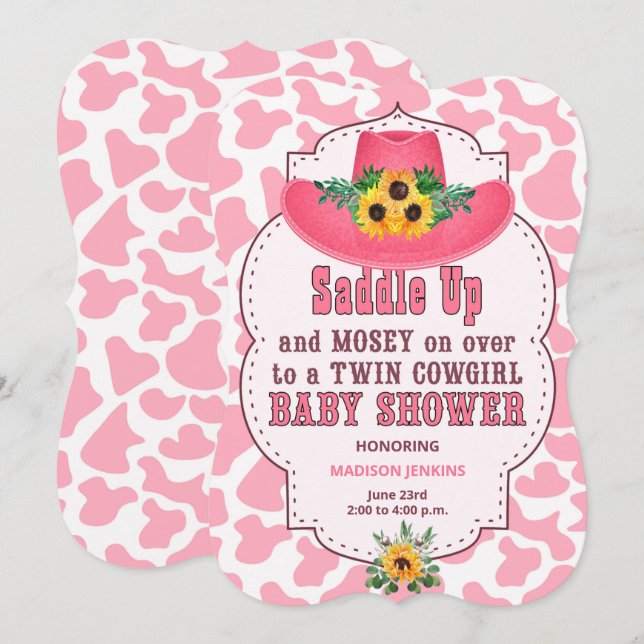 Rosa Western Twin Cowgirl Baby Shower Inbjudningar (Fram/baksida)