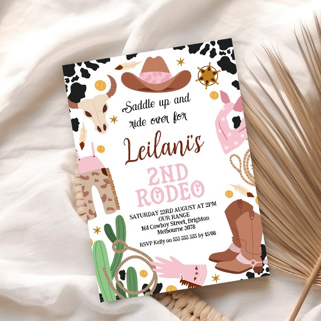 Rosa Western Vilda western 2:a rodeo-födelsedag Inbjudningar (2nd Rodeo Cowgirl Birthday Party Invitation Wild West Cowgirl Second Rodeo Invite Editable Template)