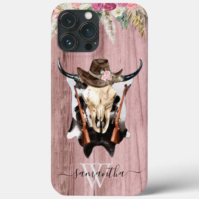 Rosa Western Wood Cow Skull Cowboy Monogram (Baksida)