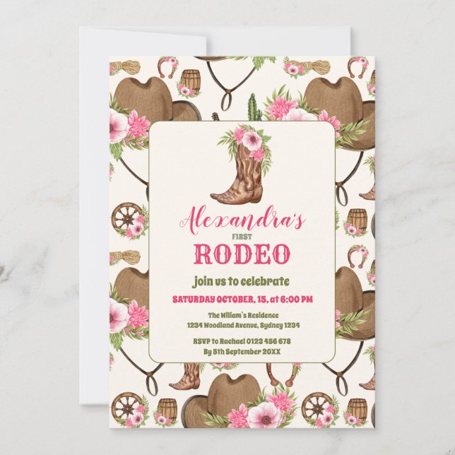 Rosa Westerna första födelsedag Rodeo Flicka Inbjudningar (Framsida)